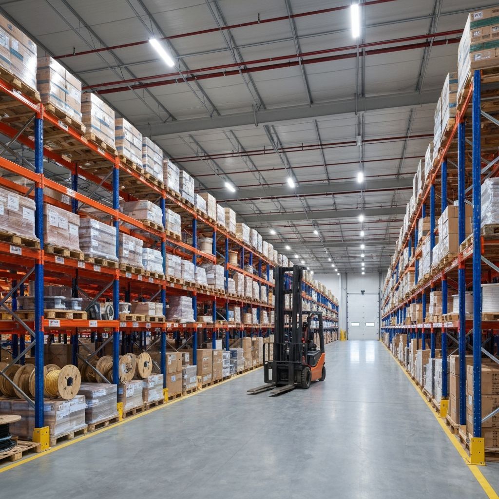PES distribution warehouse with organized electrical supplies